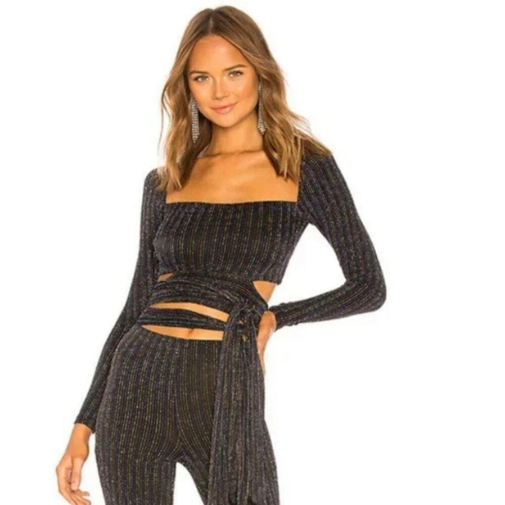 h:ours Revolve Orlene Tie Waist Metallic Rainbow Stripe Crop Top Black Multi NWT